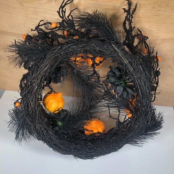 Halloween Wreath Black Christmas Tree Flowers Grapevine Jack o'Lantern Pumpkin - Picture 4 of 4